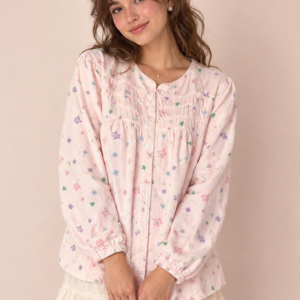 Vintage Sears Blouse Pink Floral Terry Cloth Bed Jacket Soft Life Cottagecore 36